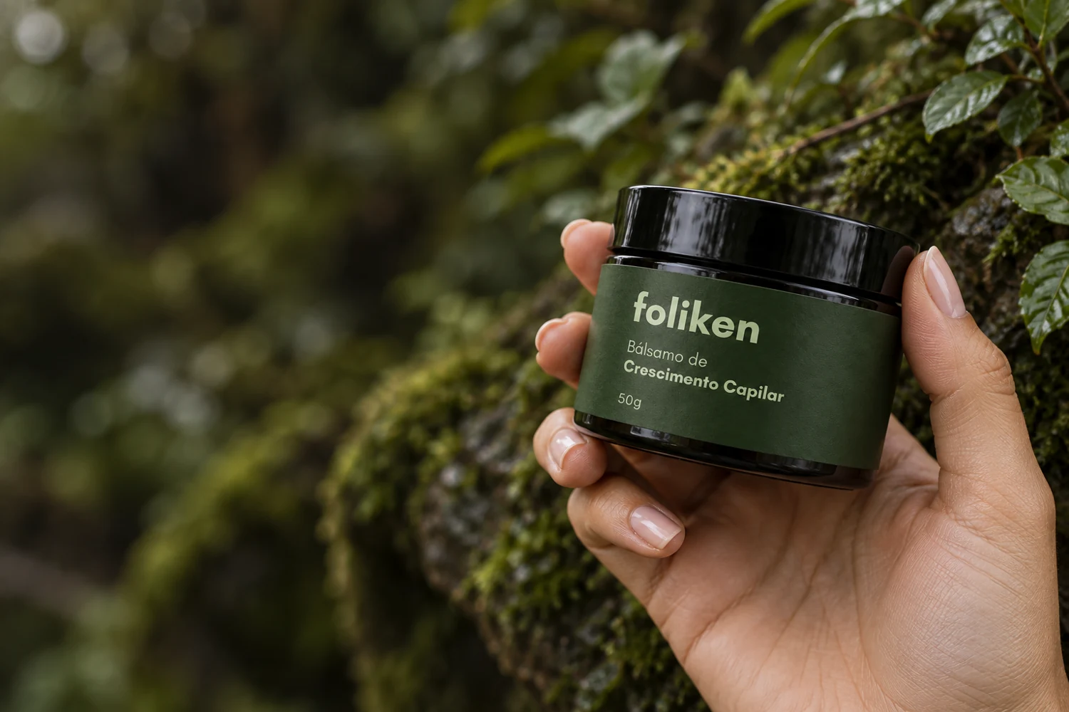 Mão segurando o Bálsamo Foliken em um cenário natural
